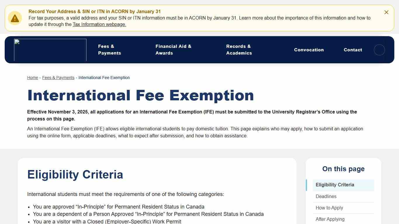 International Fee Exemption - University Registrar's Office